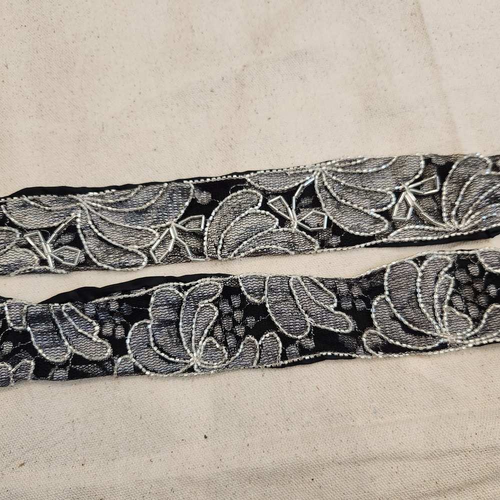 Vintage Black Silver Beaded Lace Sash Belt Bridal Dress Accessory 54" Deco